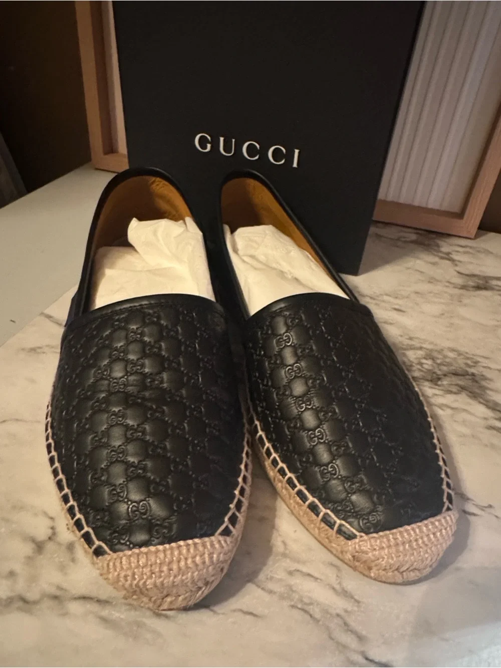 Gucci Black Leather Espadrille Slip-On Mules
